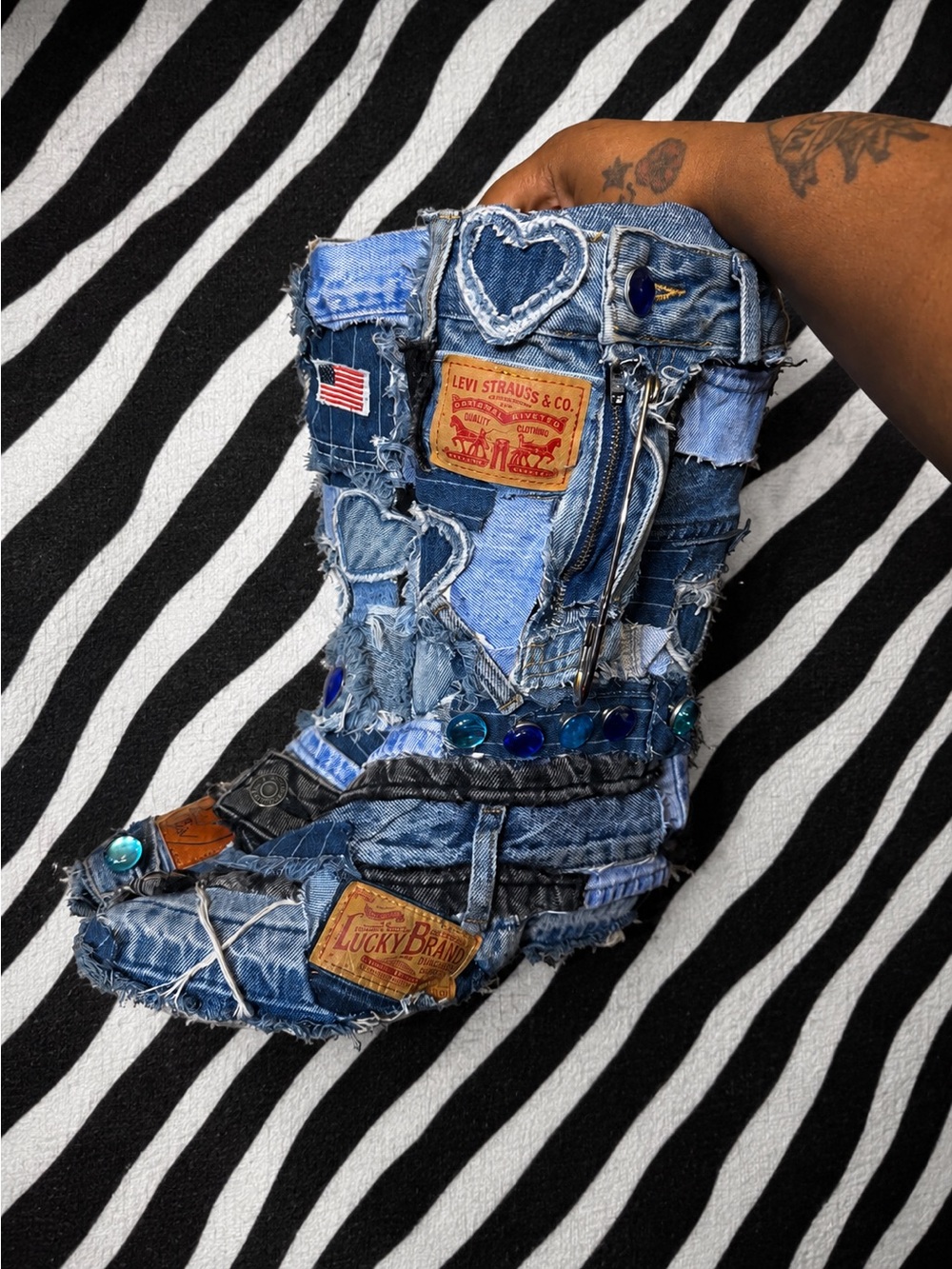 Handmade Custom Distressed Patchwork Denim Boots Blue Accents